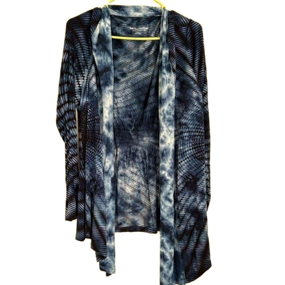 Soft Surroundings Blue Gray Open Front Cardigan Size L Tie-Dye Knit Duster